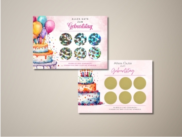 Zwei kreative Rubbelkarten zum Geburtstag mit farbenfroher Torte, Luftballons und sechs Rubbelkreisen. Die obere Karte hat glänzende holografische Rubbelsticker, die untere goldene. Perfekt als personalisierbare Überraschungskarte.